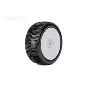 Pneus buggy 1/8e "STING" montés-collés sur jantes blanches Jetko (la paire)
