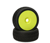 Pneus HB Racing "Beams" montés-collés sur jantes jaunes gomme Rose (super-soft)