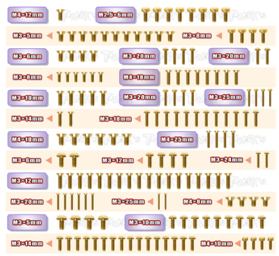 Kit complet de vis acier nitride doré pour Agama A319E (154 pièces) T-WORK'S