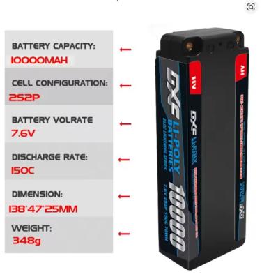 Lipo Batterie 2S 7.6V 10000mAh 150C Blue 5mm avec cordon DEAN DXF-POWER