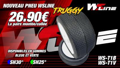 Pneus 01TR Truggy 1/8 Gomme BLEU (30 shore) montés/collés sur jantes BLANCHES (2) WS LINE