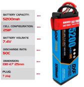 PACK 2x Lipo Batterie 2S 7.4V 5200mAh 50C Blue cordon DEAN DXF-POWER