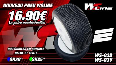 Pneus 03 Buggy 1/8 Gomme BLUE (30 shore) montés/collés sur jantes blanches (2) WS LINE