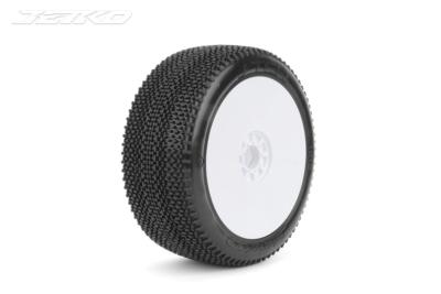 Pneus buggy 1/8e "J-Ten" composite montés-collés sur jantes Revo blanches (la paire) (choix de la dureté) JETKO