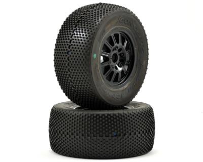 Pneus Short Course "Double Dees" gomme verte monté-collés sur jantes pour roulements AVANT SC10 (2) J-CONCEPTS